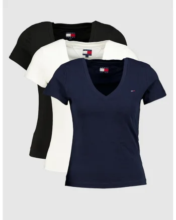 Set de tricouri slim fit cu decolteu in V - 3 piese, Alb arctic/Negru antracit/Albastru