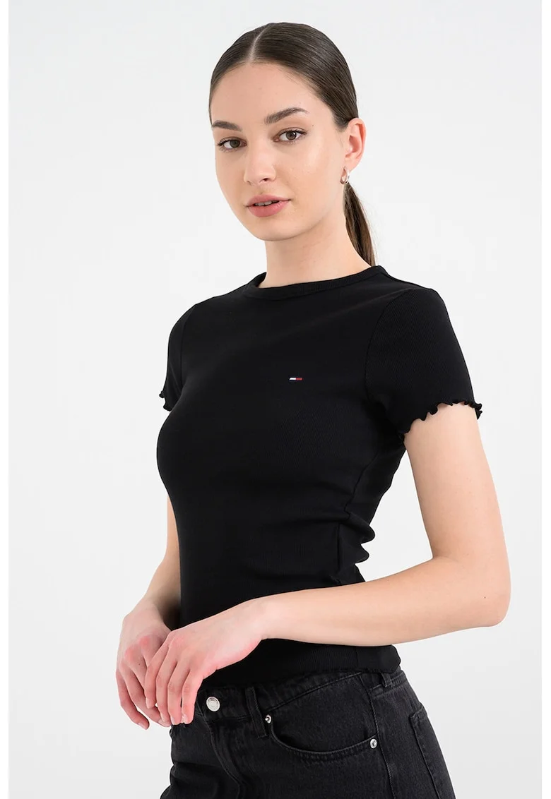 Tricou slim fit cu margini valurite, Negru antracit