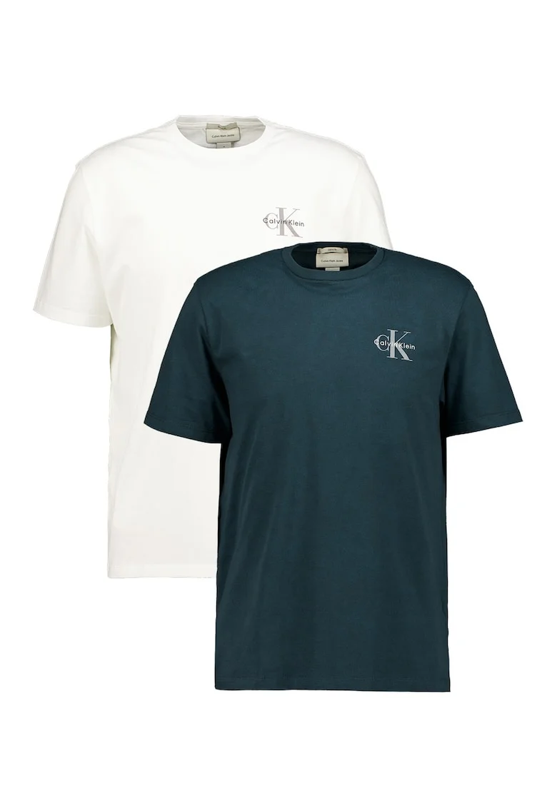 Set de tricou de bumbac cu imprimeu logo - 2 piese, Alb/Verde inchis
