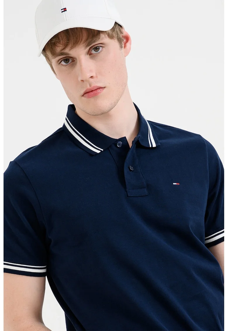 Tricou polo regular fit cu guler in dungi, Bleumarin