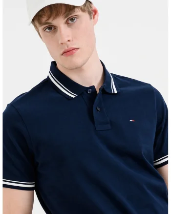 Tricou polo regular fit cu guler in dungi, Bleumarin