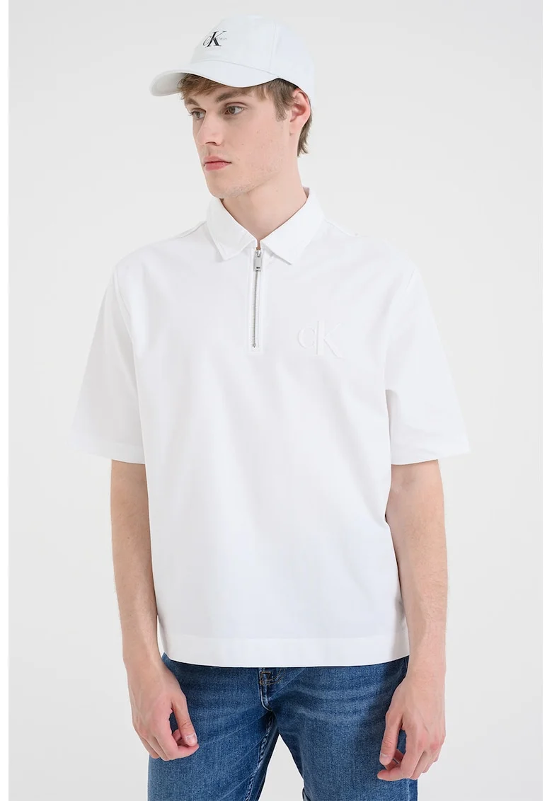 Tricou polo cu fermoar scurt, Alb