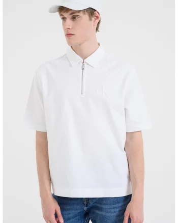 Tricou polo cu fermoar scurt, Alb