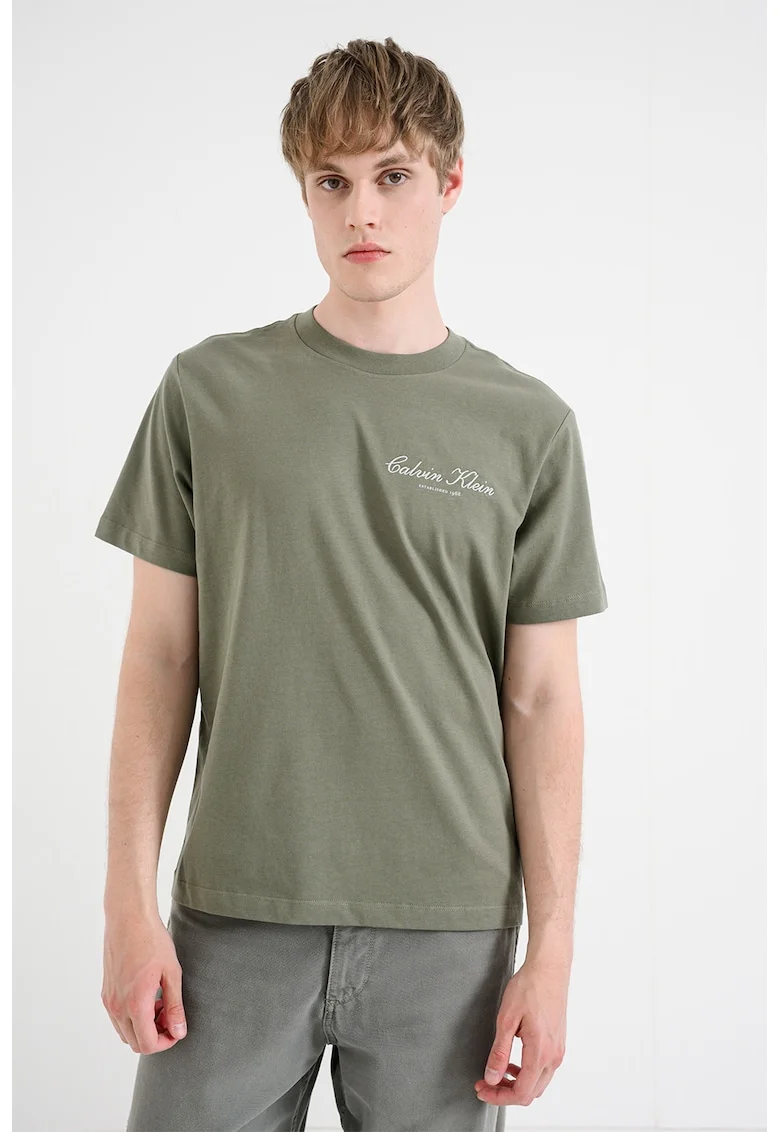 Tricou cu decolteu la baza gatului si logo brodat, Verde masliniu