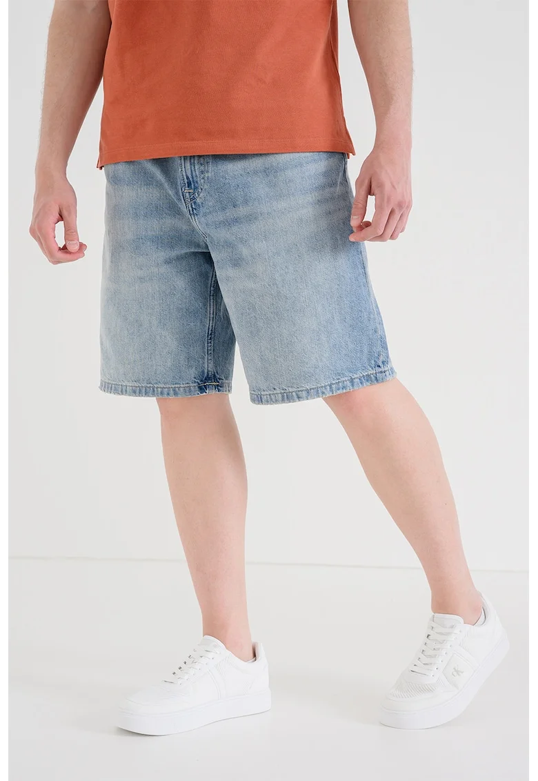 Pantaloni scurti din denim cu talie medie, Albastru deschis