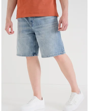 Pantaloni scurti din denim cu talie medie, Albastru deschis