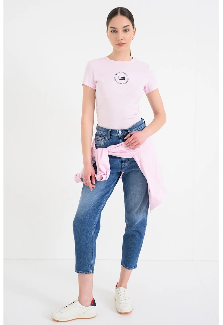 Tricou cu decolteu la baza gatului si logo, Roz pastel