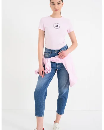 Tricou cu decolteu la baza gatului si logo, Roz pastel