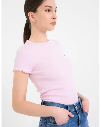 Tricou slim fit cu margini valurite, Roz pastel