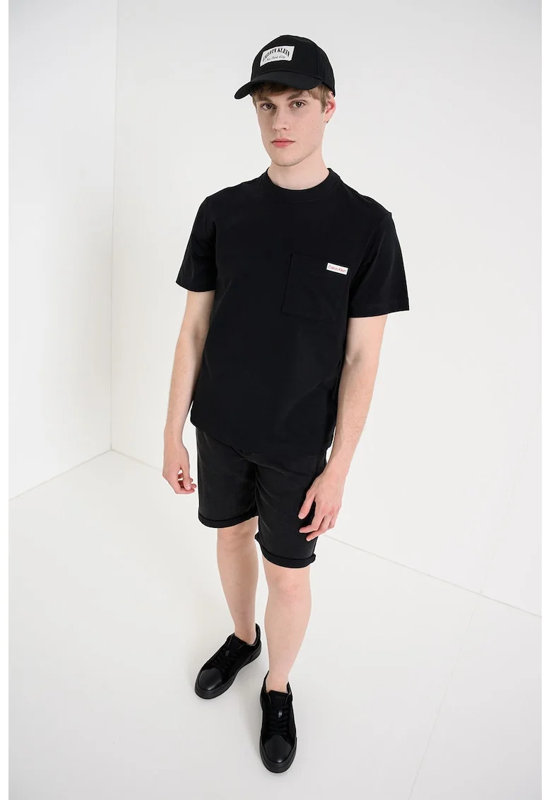 Tricou de bumbac cu buzunar pe piept, Negru