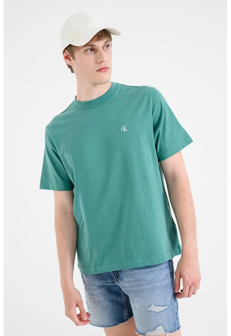 Tricou din bumbac cu decolteu la baza gatului, Verde