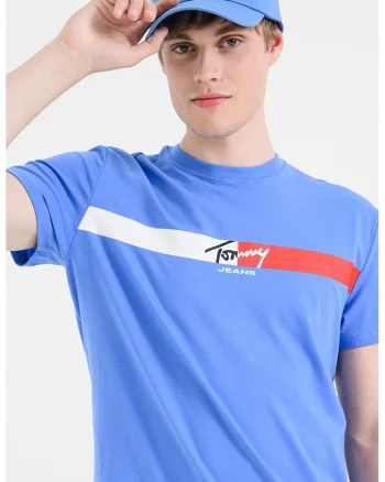 Tricou cu decolteu la baza gatului si imprimeu logo, Albastru