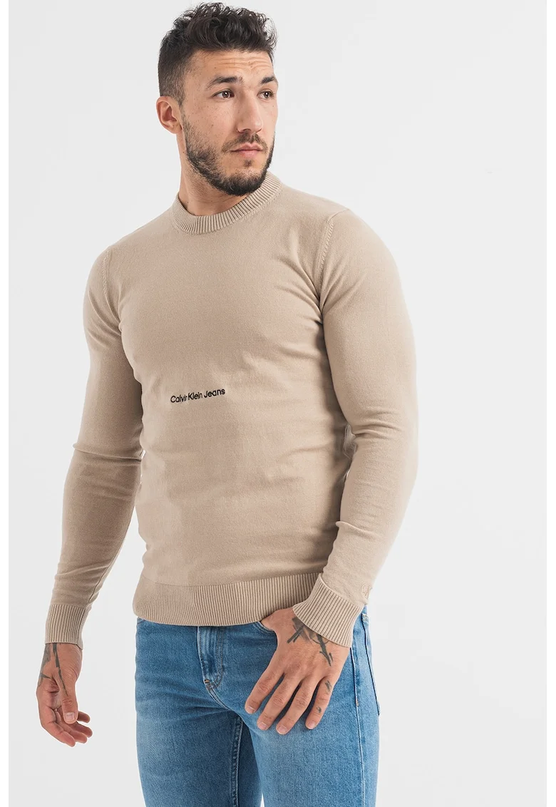 Pulover de bumbac organic cu decolteu la baza gatului, Maro camel