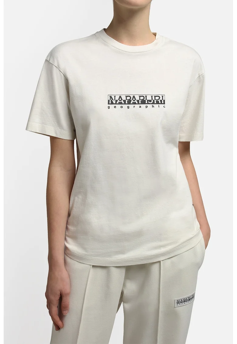 Tricou cu decolteu la baza gatului si imprimeu logo Box, Alb murdar