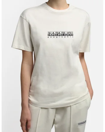 Tricou cu decolteu la baza gatului si imprimeu logo Box, Alb murdar