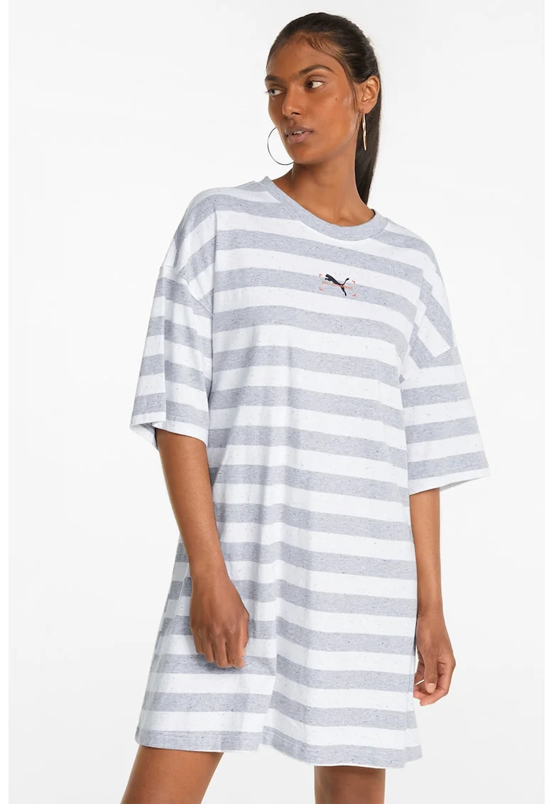 Rochie tip tricou cu model in dungi, Alb/Gri