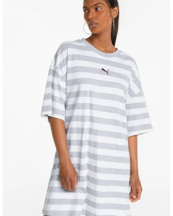 Rochie tip tricou cu model in dungi, Alb/Gri