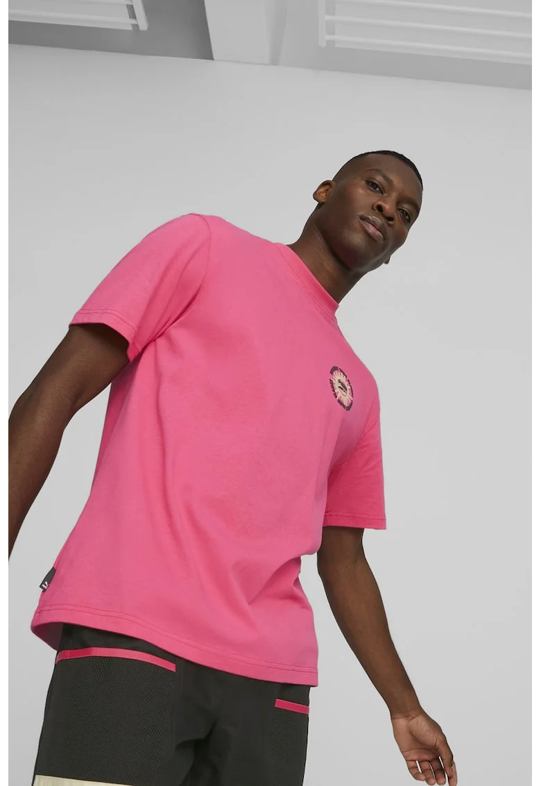 Tricou cu decolteu la baza gatului si imprimeu Downtown, Roz