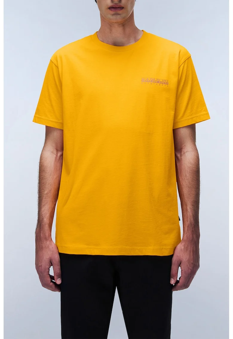 Tricou de bumbac cu logo si decolteu la baza gatului, Portocaliu