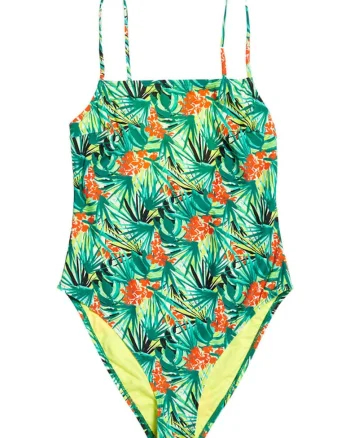 Costum de baie dama Superdry, cupe detasabile, spate deschis, verde, poliamida, elastan