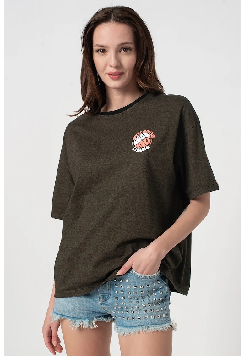 Tricou lejer cu decolteu la baza gatului si logo, Verde melange