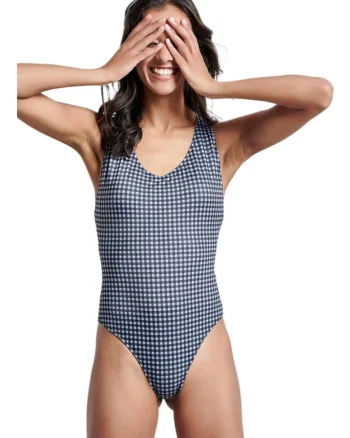 Costum de baie  bretele incrucisate, alb-albastru, poliester-elastan