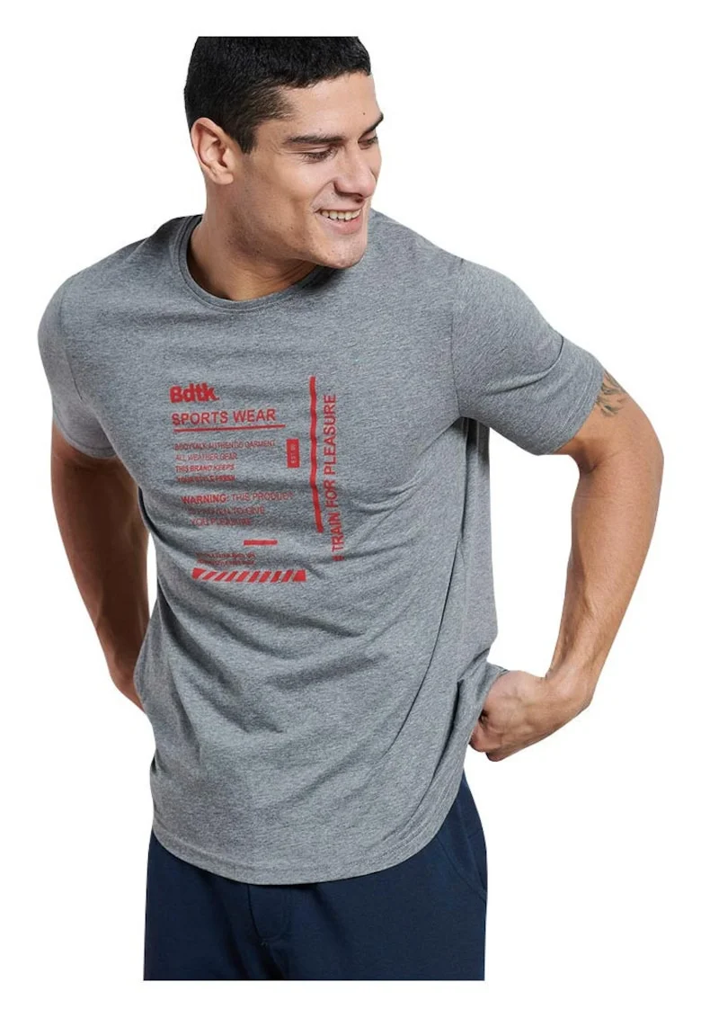 Tricou barbat Bdtk, maneca scurta, imprimeu, gri, bumbac