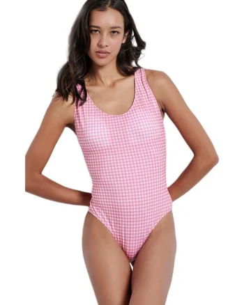 Costum de baie  deschizatura in spate, bretele incrucisate, roz, poliester si elastan