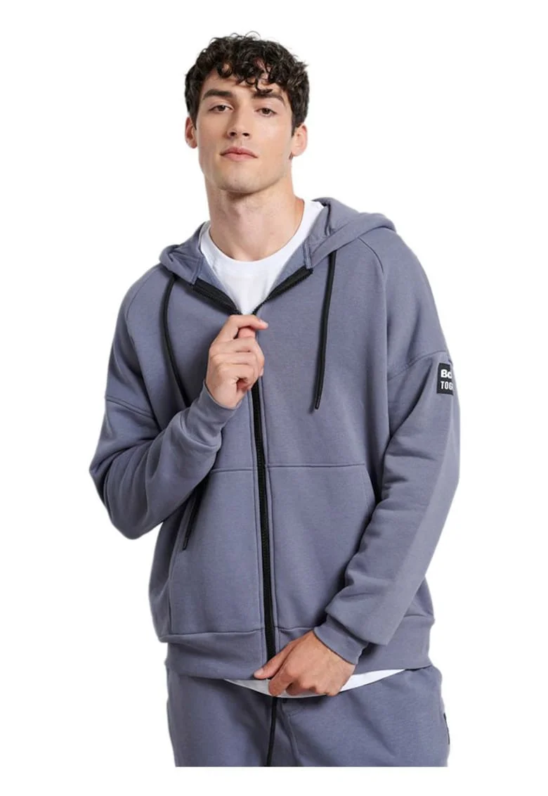 Hanorac  gri, bumbac, fleece moale, gluga ajustabila, doua buzunare