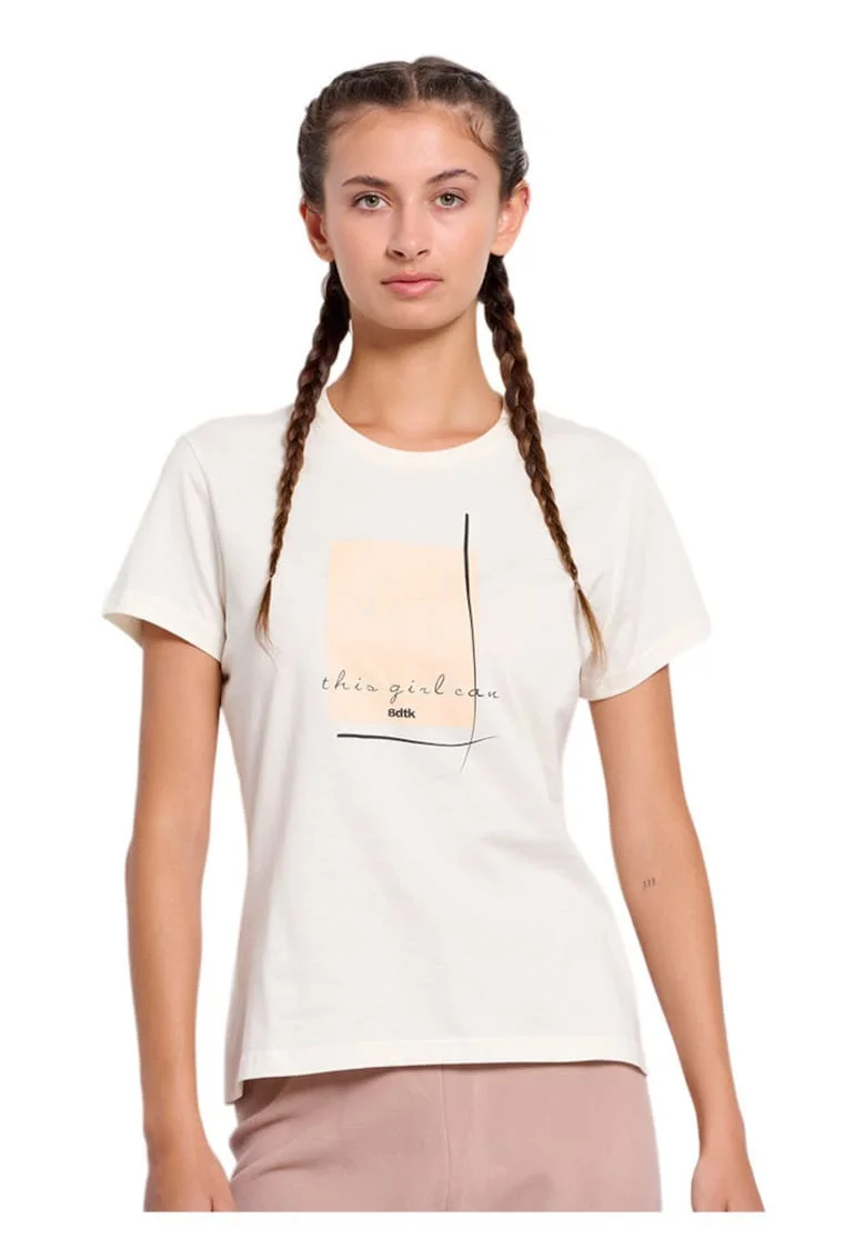 Tricou dama  croiala slim, decolteu rotund, imprimeu, bumbac, bej