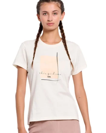 Tricou dama  croiala slim, decolteu rotund, imprimeu, bumbac, bej