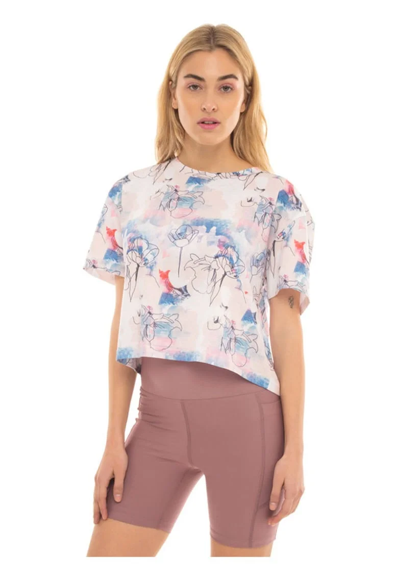 Tricou dama  scurt, imprimeu, decolteu rotund, poliester-bumbac, multicolor