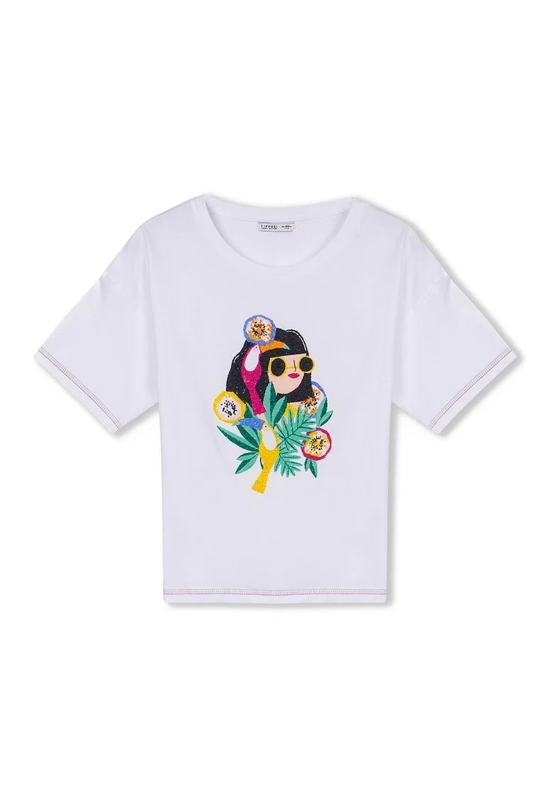 Tricou copii  Ivis, croiala regulata, imprimeu, alb, bumbac organic,