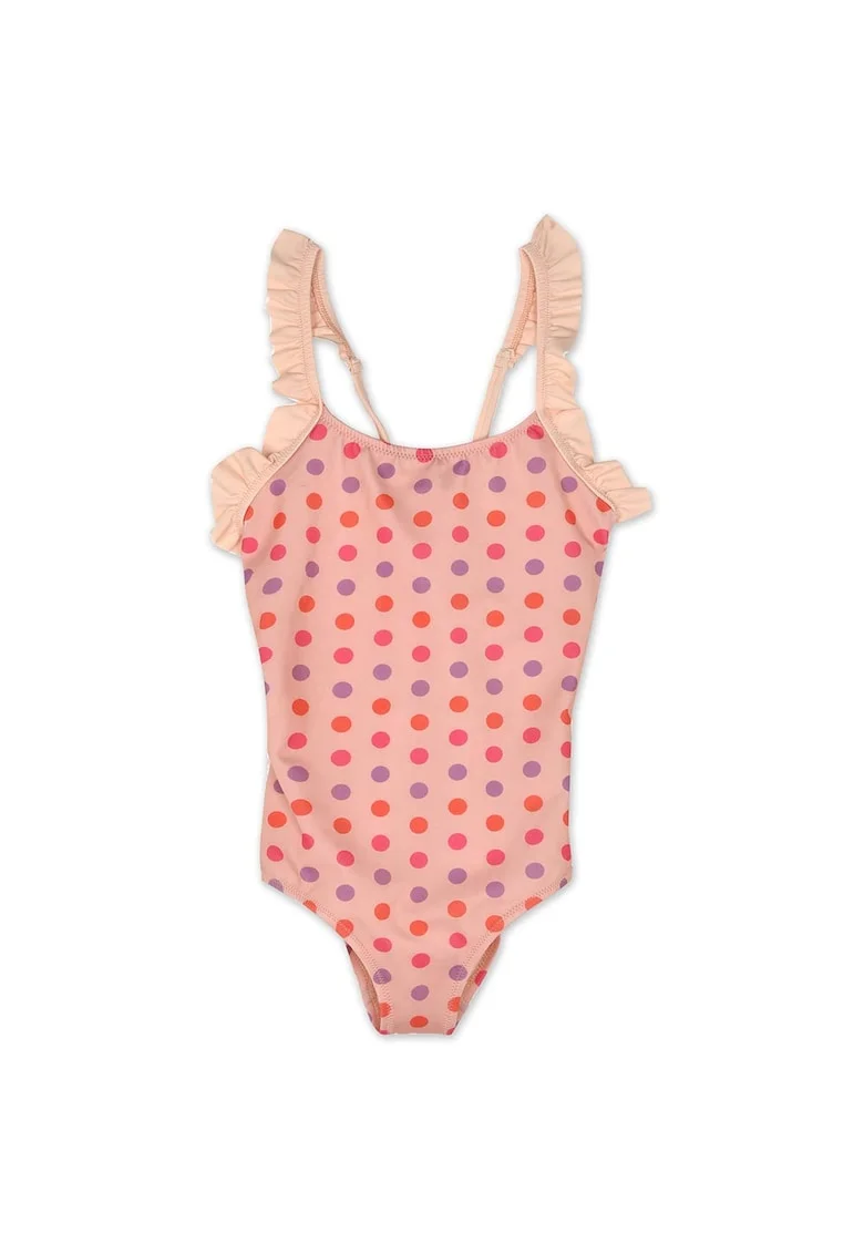 Costum de baie copii,  model cu buline si volane, roz, poliester/elastan