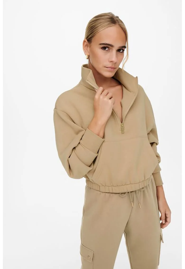 Bluza sport crop cu buzunar kangaroo, Maro cafeniu