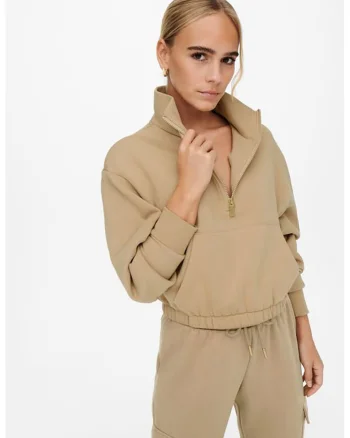 Bluza sport crop cu buzunar kangaroo, Maro cafeniu