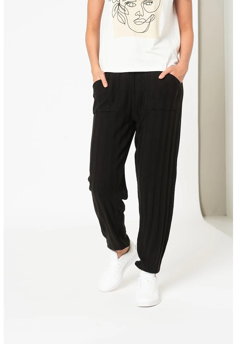 Pantaloni striati cu talie elastica New Tessa, Negru