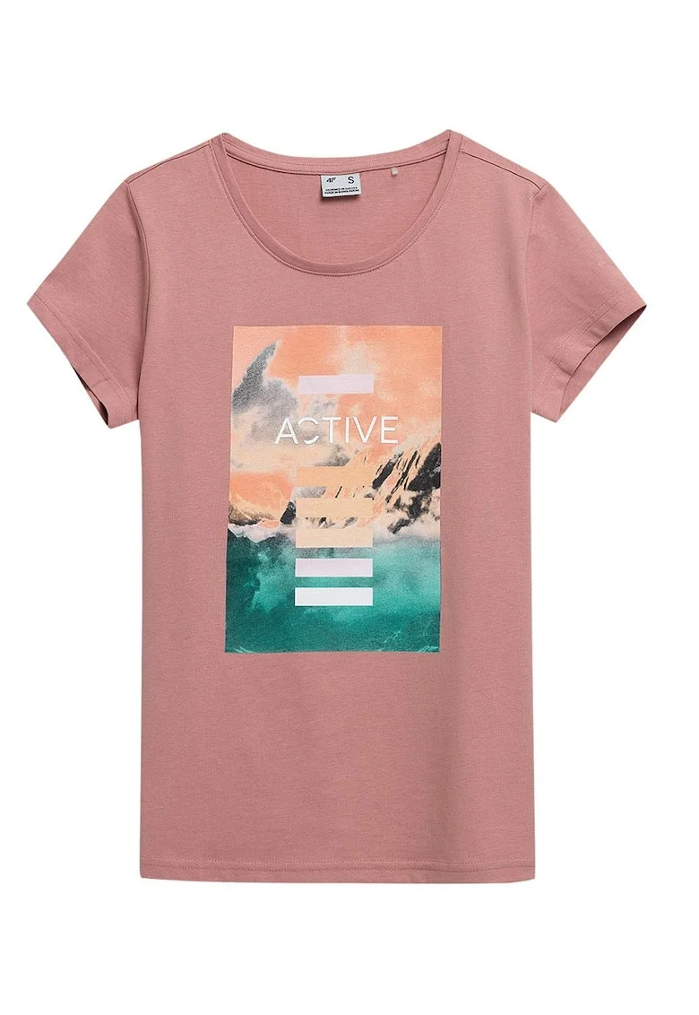 Tricou dama  maneca scurta, imprimeu, bumbac, roz