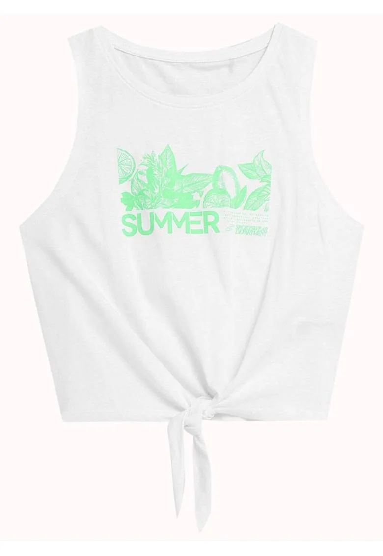 Tricou dama  fara maneci, imprimeu frontal, bumbac, lungime scurta, alb