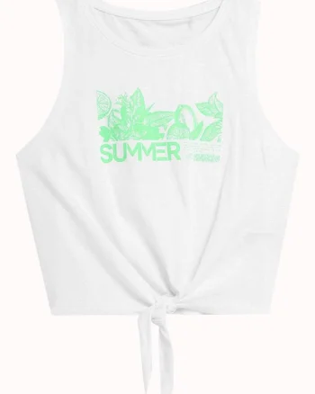 Tricou dama  fara maneci, imprimeu frontal, bumbac, lungime scurta, alb