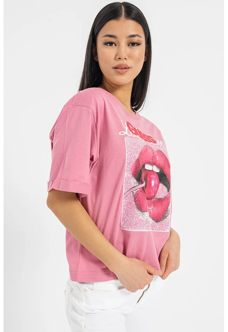 Tricou lejer de bumbac cu imprimeu, Roz