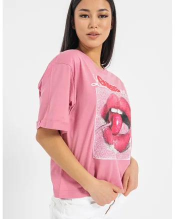 Tricou lejer de bumbac cu imprimeu, Roz