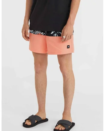 Pantaloni scurti de baie cu model Cali Block 15'', Negru/Portocaliu