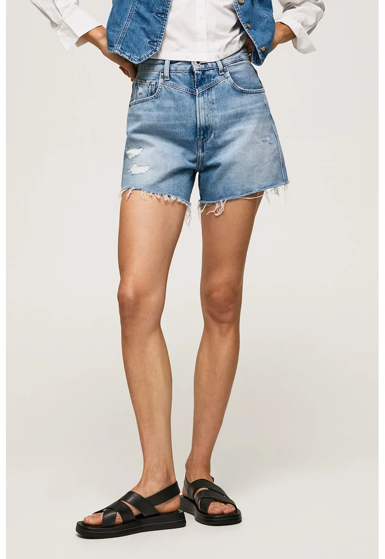 Pantaloni scurti de denim cu detalii cu aspect deteriorat Rachel, Albastru