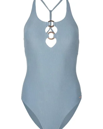Costum de baie,  bretele reglabile, detaliu decolteu, albastru, ECONYL