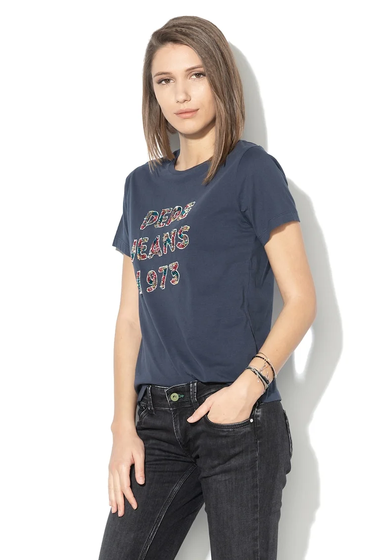 Tricou cu aplicatie logo din margele Marnie, Albastru