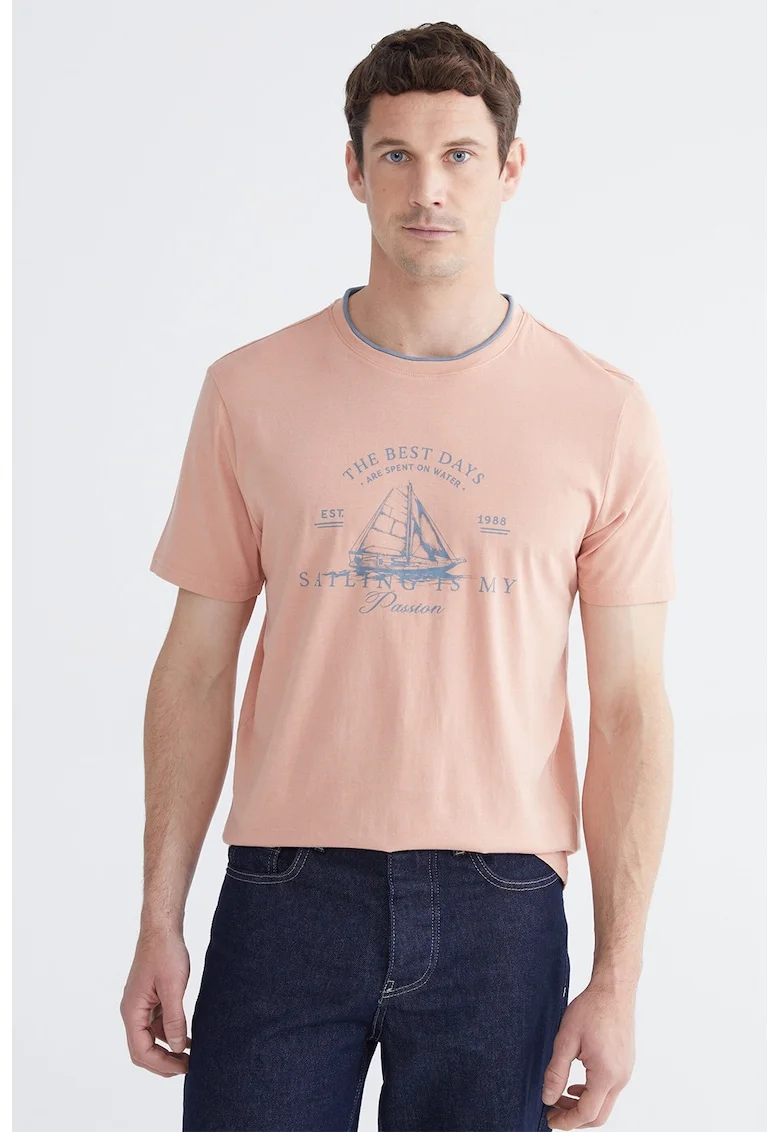 Tricou de bumbac cu imprimeu pe piept, Roz piersica/Albastru stins