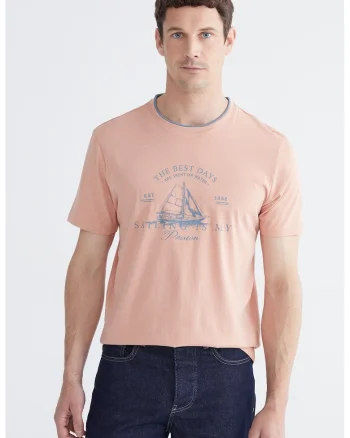 Tricou de bumbac cu imprimeu pe piept, Roz piersica/Albastru stins