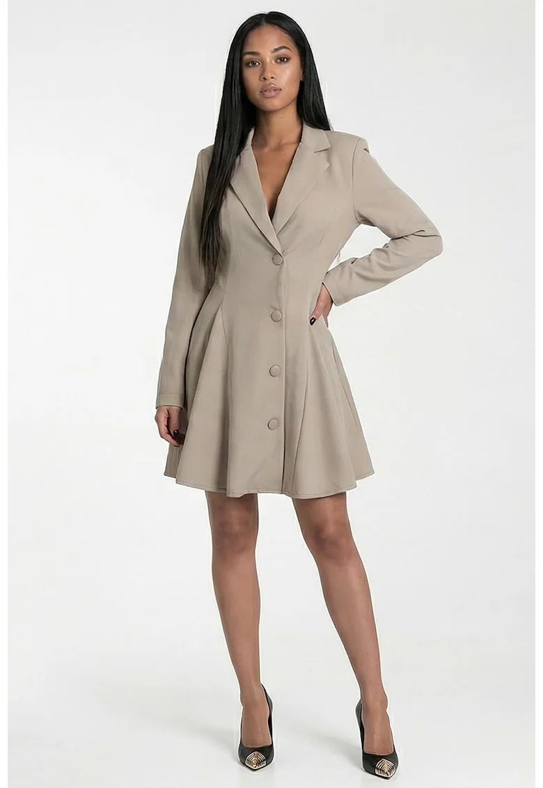 Rochie midi  bej, croiala evazata, decolteu in V, maneci lungi
