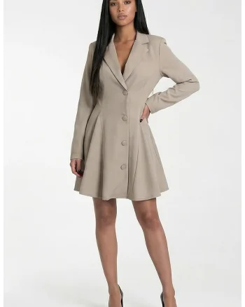 Rochie midi  bej, croiala evazata, decolteu in V, maneci lungi